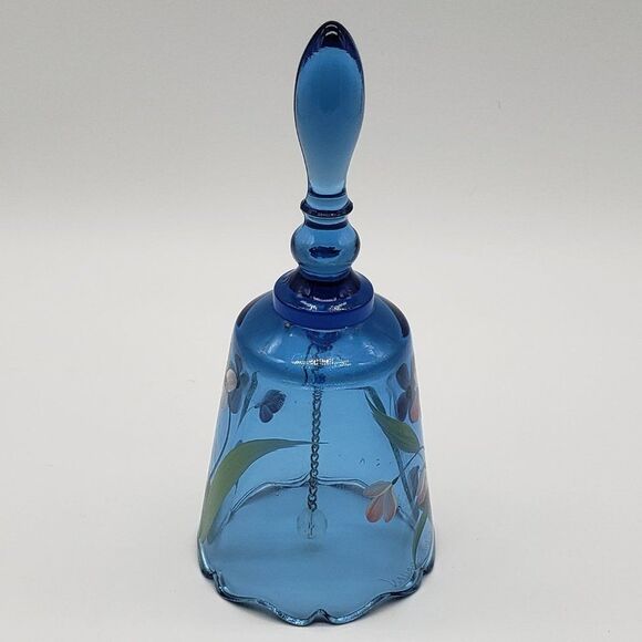 Fenton Signed Hand Painted Blue Floral Art Glass Bell - Picture 7 of 12